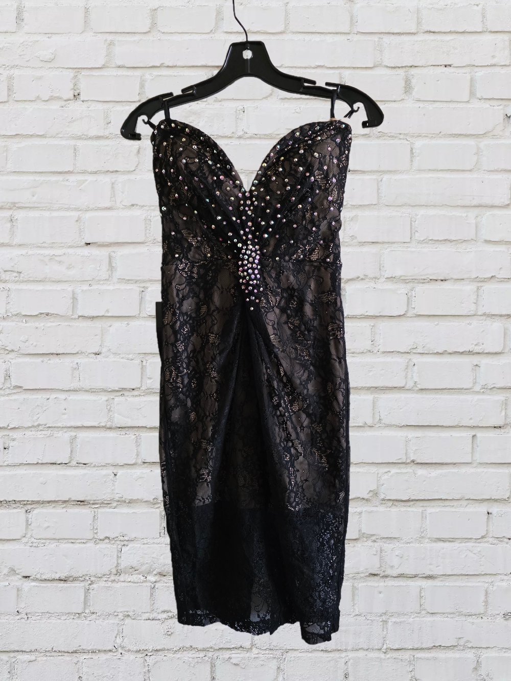 bebe Strapless Black Lace Dress with Rhinestone Accent 1️⃣